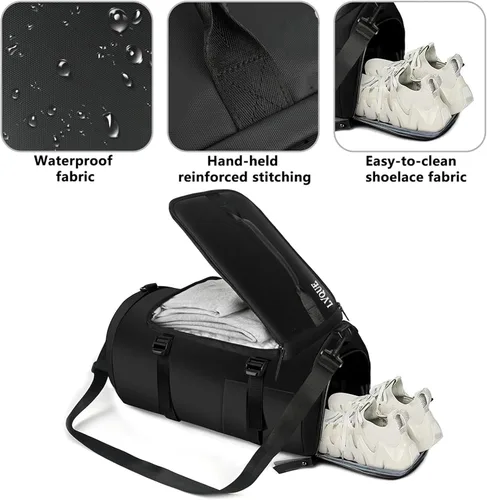 Vista 3 de Bolsa de gimnasio para mujeres y hombres, bolsa de lona deportiva, mochila de viaje, bolsa de fin de semana con compartimento para zapatos, Negro