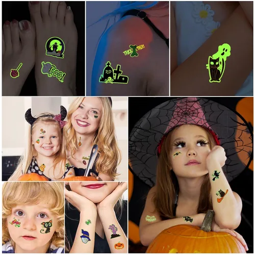 Vista 4 de 124 tatuajes temporales de Halloween que brillan en la oscuridad para niños, calcomanías de tatuaje falsas luminosas impermeables para fiesta