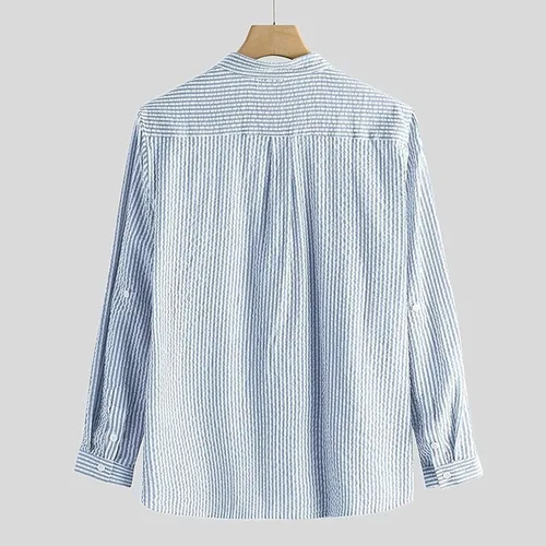 Vista 3 de Camisa Henley de lino a rayas para hombre, estilo vintage, con bolsillo, manga 34, con medio botón, ajuste holgado, estilo hippie, Azul Patchwork, M