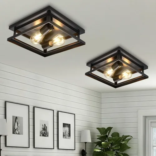Vista 7 de Hamilyeah Lámpara de techo de montaje empotrado de granja, 2 luces, luz de techo para pasillo, color negro, lámpara de techo de cocina para montaje