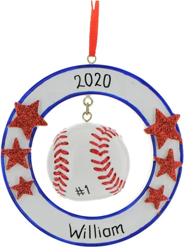 Vista 2 de Adorno de Navidad de béisbol personalizado Recuerdo deportivo personalizado con nombre y año Decoración de árbol de vacaciones de béisbol hecha