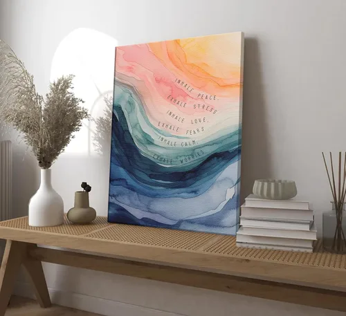 Vista 4 de Arte de pared en lienzo para la salud mental Inhalar Exhalar Pintura de meditación Imagen de pared Decoración Arte de pared acuarela abstracto