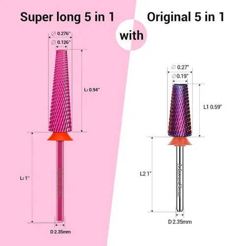Vista 4 de MelodySusie Brocas de uñas súper largas 5 en 1, brocas de carburo de tungsteno de 3/32 pulgadas, adecuadas para manicura, pedicura, cutícula