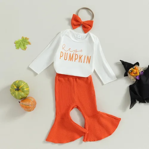 Vista 2 de Conjunto de ropa de Halloween para niña pequeña, divertido mameluco con letras de calabaza + pantalones acampanados acanalados de moda, traje