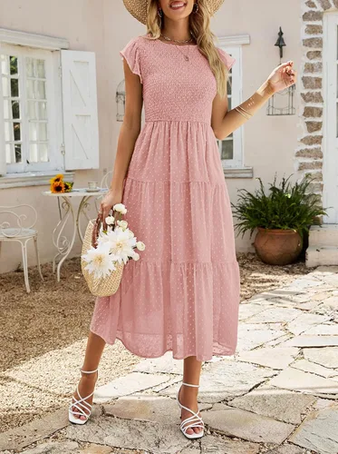 Vista 2 de MEROKEETY Vestido midi de manga corta con vuelo para mujer, vestido de verano con lunares suizos, vestidos escalonados fluidos