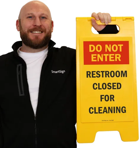Vista 2 de SmartSign Letrero plegable de dos caras con texto en inglés "Do Not Enter - Restroom Closed For Cleaning", de 25 x 12 pulgadas, plástico, rojo
