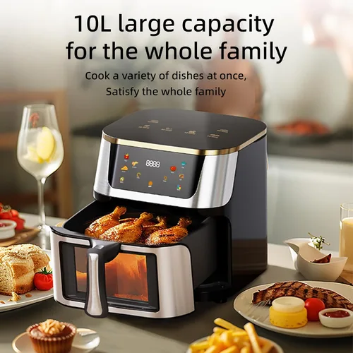 Vista 4 de Freidora de aire digital inteligente, gran capacidad de 10L, acero inoxidable con pantalla táctil y ventana visual, electrodoméstico de cocina