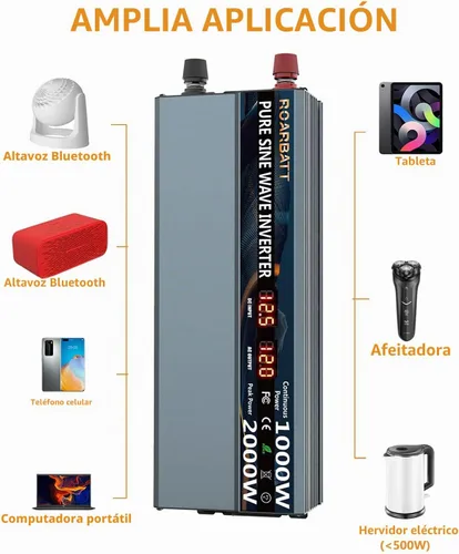 Vista 6 de Inversor de potencia de onda sinusoidal pura de 1000 W, 12 V CC a CA 110 V 120 V, potencia máxima de pico de 2000 W, con 2 tomas de CA, inversor