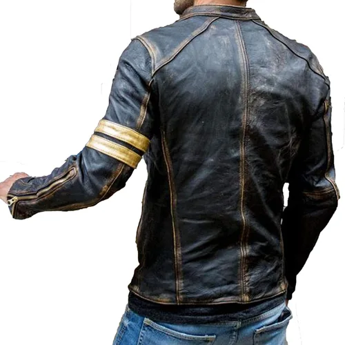 Vista 3 de Men's Elite Black Biker Vintage Motorcycle Distressed Cafe Racer Leather Jacket
