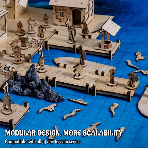 Vista 3 de Puente modular, muelle, pasarela, juego básico de 7 piezas de madera cortada con láser para D&D, Pathfinder, Dungeons & Dragons y otros