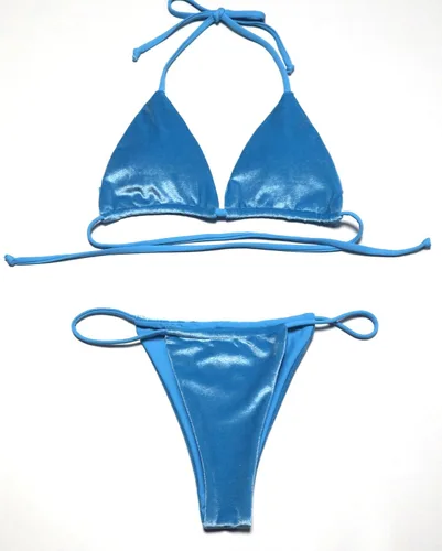 Vista 2 de YAUASOPA Traje de baño retro de pana de terciopelo para mujer con tanga halter y micro triángulo