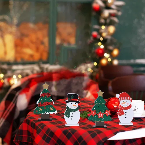 Vista 6 de DECSPAS Decoraciones navideñas para interiores, 4 piezas de árboles de Navidad de madera y muñecos de nieve para decoración de mesa de centro