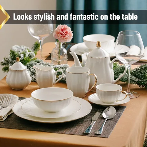 Vista 6 de Brew To A Tea BTaT- Juego de 6 cuencos de sopa, 16 onzas, porcelana blanca con borde dorado, cuencos para cocina, cuencos de cocina, ensaladeras