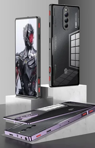 Vista 8 de QUIETIP Funda compatible con Red Magic 8 Pro / 8S Pro con protector de pantalla, marco de metal + cubierta trasera de vidrio templado transparente