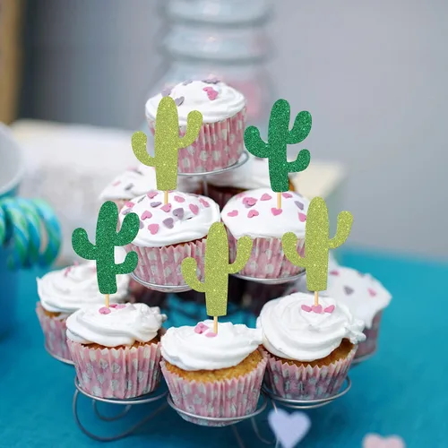 Vista 4 de 24 piezas de decoración de cupcakes de cactus con temática mexicana para cupcakes, fiesta de tacos, cumpleaños, boda, fiesta, suministros