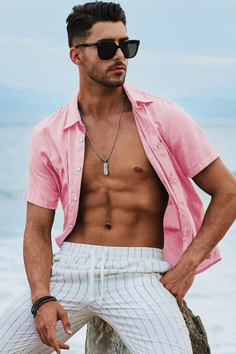 Vista 7 de JMIERR Camisas de vestir a rayas de algodón con botones y manga corta para hombre