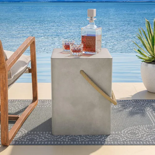 Vista 7 de COSIEST Mesa auxiliar rectangular de hormigón, mesa lateral de 15'' para exteriores con asas de cuerda de cáñamo, mesas auxiliares de patio, mesa