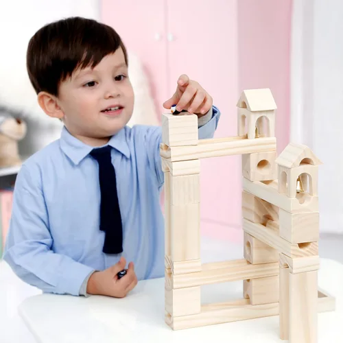 Vista 8 de Pista de Canicas de Madera para Niños de 4 a 8 años, 60 piezas de bloques de construcción de madera y juego de construcción, juego de laberinto