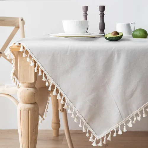 Vista 2 de Mantel para mesas rectangulares con borlas, revestimiento impermeable de vinilo TPU, cubierta de mesa con respaldo de arpillera de lino y algodón
