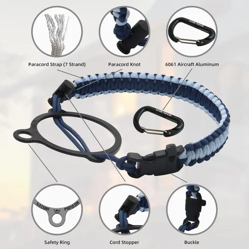 Vista 5 de NATURE PIONEOR Botellas de agua aisladas con mango de paracord - Botella de agua deportiva al vacío de boca ancha de 32 onzas con 3 tapas, acero