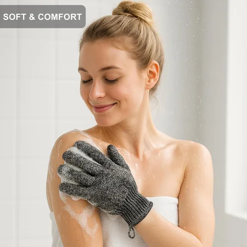 Vista 5 de Guantes exfoliantes con lazo para colgar, 1 par de guantes de baño y ducha de carbón de bambú, guantes de baño para exfoliación de ducha y cabello
