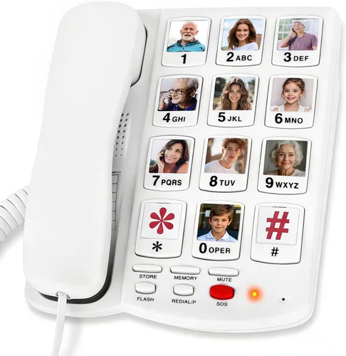 Vista 9 de Teléfonos fijos para personas mayores, teléfono de botón grande con volumen alto y marcaciones de velocidad de un toque, teléfono con cable