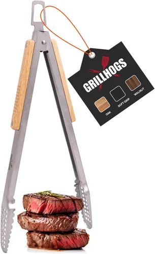 Vista 10 de Pinzas para barbacoa de acero inoxidable 18/0 de 9 pulgadas con mango ergonómico de madera de roble real para cocinar, accesorio duradero