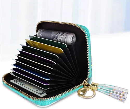 Vista 2 de Coco Rossi Billetera pequeña para tarjetas de crédito RFID con purpurina linda para mujer, C mármol verde