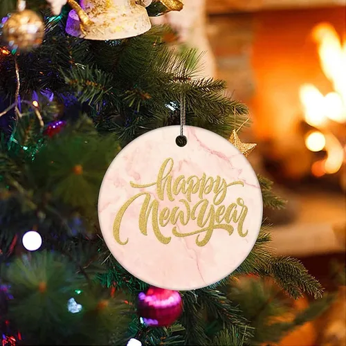 Vista 3 de Cheyan Divertido Feliz Año Nuevo Navidad Porcelana Ornamento Decoración para el Hogar Colgantes de Navidad Colgantes de Mármol Impreso Árbol