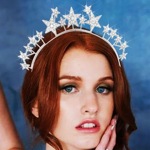 Vista 3 de CAKURE Diadema de corona con halo de estrella, diadema plateada con diamantes de imitación de diosa, accesorios para el cabello celestial para mujer