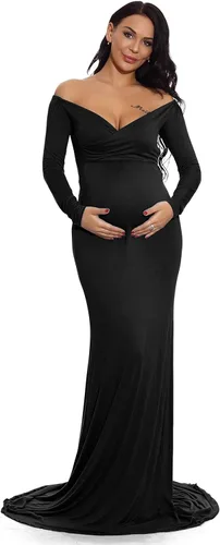 Vista 2 de ZIUMUDY - Vestido ajustado de maternidad con cuello en V fruncido, hombros descubiertos, manga larga, maxivestido para fotografía