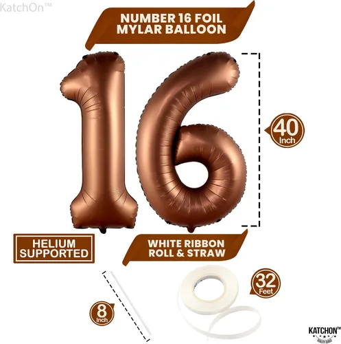 Vista 4 de KatchOn Globo marrón café con el número 16 de 1 pieza, 40 pulgadas, decoraciones de cumpleaños para niñas y niños Globo marrón café número 16 de 1