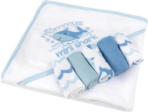 Vista 4 de Juego de toallas de baño con capucha para bebés y niños de 6 a 12 meses (azul tiburón mini)