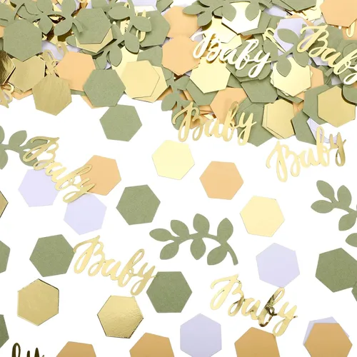 Vista 8 de 220 piezas de decoración de mesa de confeti para baby shower con eucalipto verde salvia dorado papel neutro de confeti disperso forma hexagonal