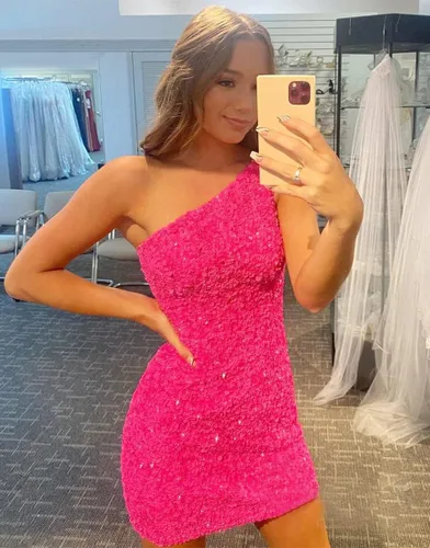 Vista 3 de Vestido corto de lentejuelas de un hombro para mujer, vestido corto con purpurina brillante para cóctel para adolescentes