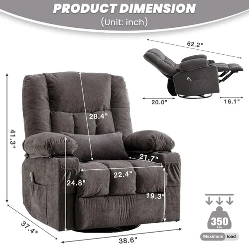 Vista 2 de BOSMILLER Silla reclinable de gran tamaño para adultos con masaje por vibración y calefacción lumbar, mecedora giratoria con soporte para tazas