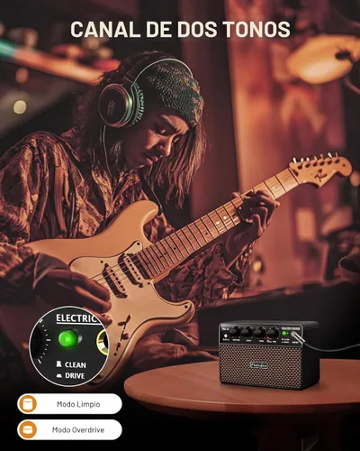 Vista 4 de Flatsons FBA-10 Amplificador de Guitarra, Amplificador Eléctrico Mini de 10W con Canal Limpio/Drive, 6H de Funcionamiento, Recargable por USB-C