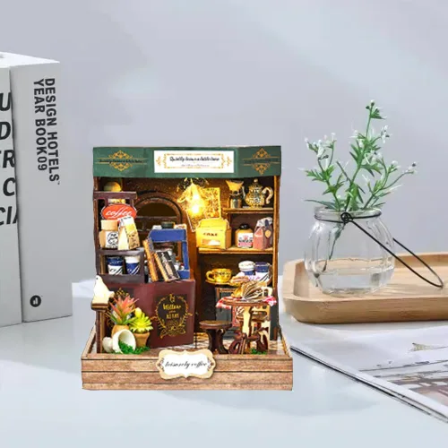 Vista 6 de Kit de rincón de libros, kit de casa en miniatura con LED, rompecabezas de madera 3D para adultos, kit de construcción de casa de muñecas, kit