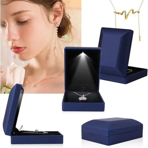 Vista 5 de iSuperb 2 cajas con colgante LED para collar iluminado exhibición de joyas para propuestas compromiso boda regalo azul profundo