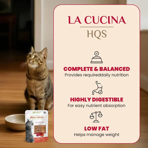 Vista 3 de almo nature HQS La Cucina Atún con langosta en gelatina, sin granos, sin aditivos, alimento húmedo para gatos adultos, triturado, bolsas, 24 x 55