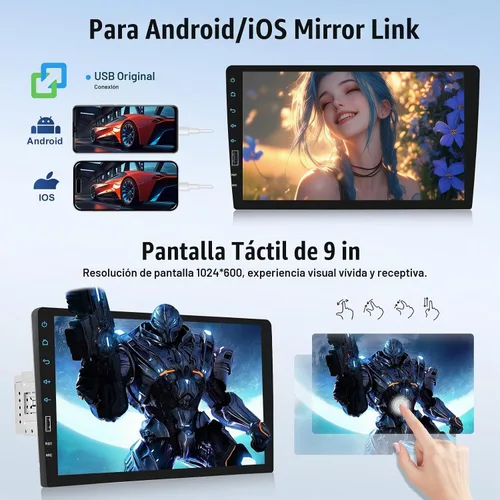 Vista 4 de UNITOPSCI 9 pulgadas único DIN inalámbrico Apple CarPlay Android Auto coche estéreo pantalla táctil Bluetooth FM receptor de radio de coche espejo