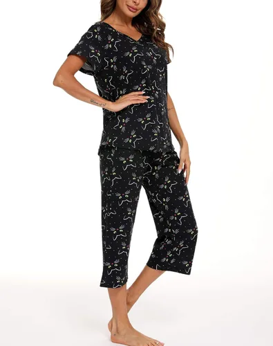 Vista 4 de ENJOYNIGHT Conjuntos de pijama de algodón para mujer, pijamas de verano con pantalones capri, ropa de dormir Gato negro