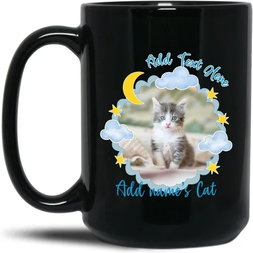 Vista 17 de Taza de cerámica negra personalizada para elegir nombre y foto con texto en inglés "Best Cat Dad Ever Just Ask", taza de café personalizada de 11