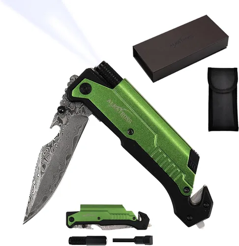 Vista 11 de Cuchillo táctico de supervivencia 7 en 1 - Rompe cristales, cortador de cinturón, hoja de acero serrada, encendedor, linterna LED, abridor