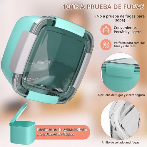 Vista 6 de Cherrysea Lonchera para ensalada, paquete de 2 tazones con 3 compartimentos, a prueba de fugas con tenedor y contenedor de salsa - Verde+Rosa