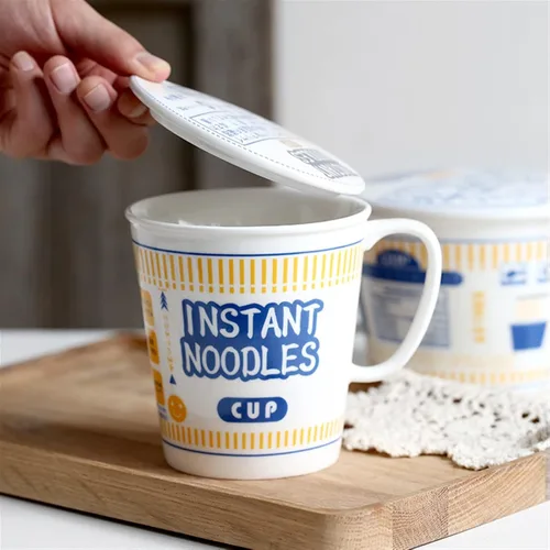 Vista 4 de Cuenco de fideos instantáneos de cerámica con tapa, taza creativa para sopa de ramen, cuenco para almuerzo para estudiantes (color azul, tamaño: S)