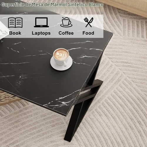 Vista 5 de Wolawu - Mesa de café para sala de estar, mesa central negra, mesa de té rectangular moderna y simple de mármol falso con marco de metal acabado