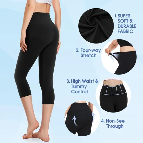 Vista 5 de we fleece Paquete de 3 leggings capri para mujer, no se transparentan, cintura alta, pantalones capri suaves con control de abdomen para yoga