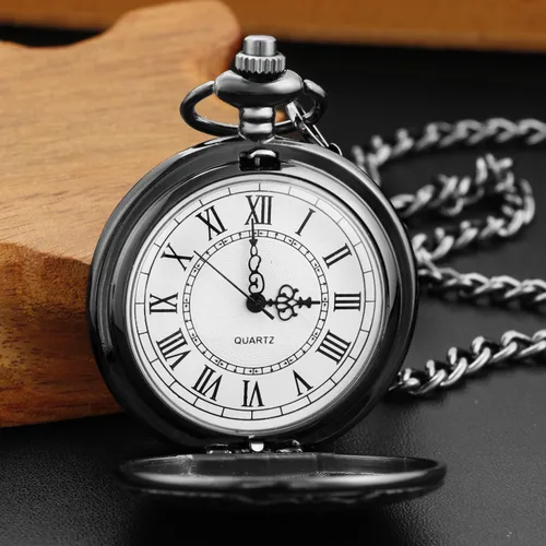Vista 5 de Large Decorative Flower Pattern White Roman Numeral Scale Quartz Pocket Watches for Men with Chain