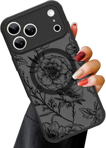 Vista 80 de OOK Funda magnética para iPhone 13 Pro Max [compatible con MagSafe] Funda delgada translúcida mate con flor silvestre negra, protección para lente